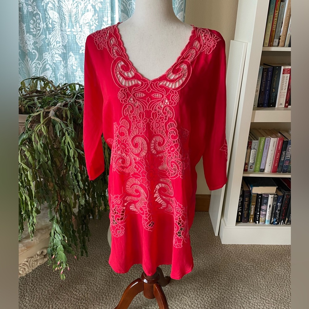 Johnny Was red boho crochet detail boho rayon tunic top
